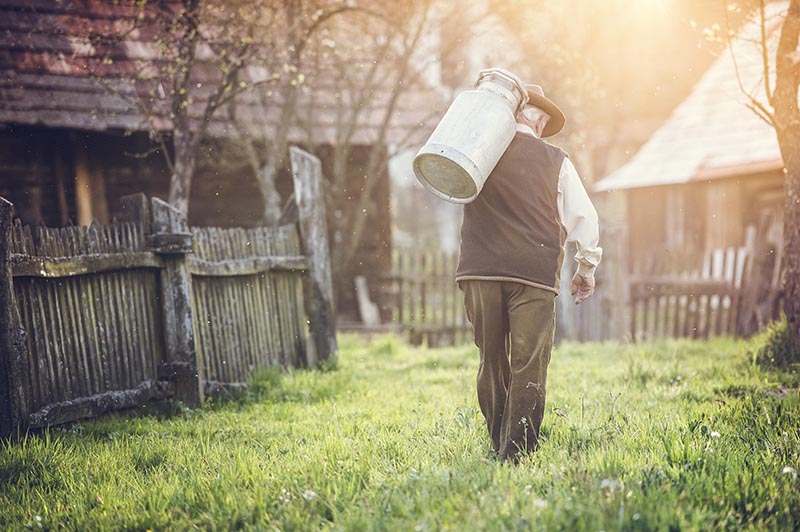 Milchbauer, der eine Kanne frische Milch trägt